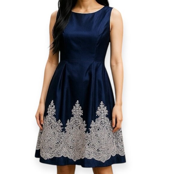 Leslie Fay Dresses & Skirts - Leslie Fay Blue Fit & Flare Dress 16 Paisley Hem Sleeveless Party Made in USA